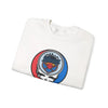 White crewneck sweatshirt with Miami Marlins skull logo, folded front view