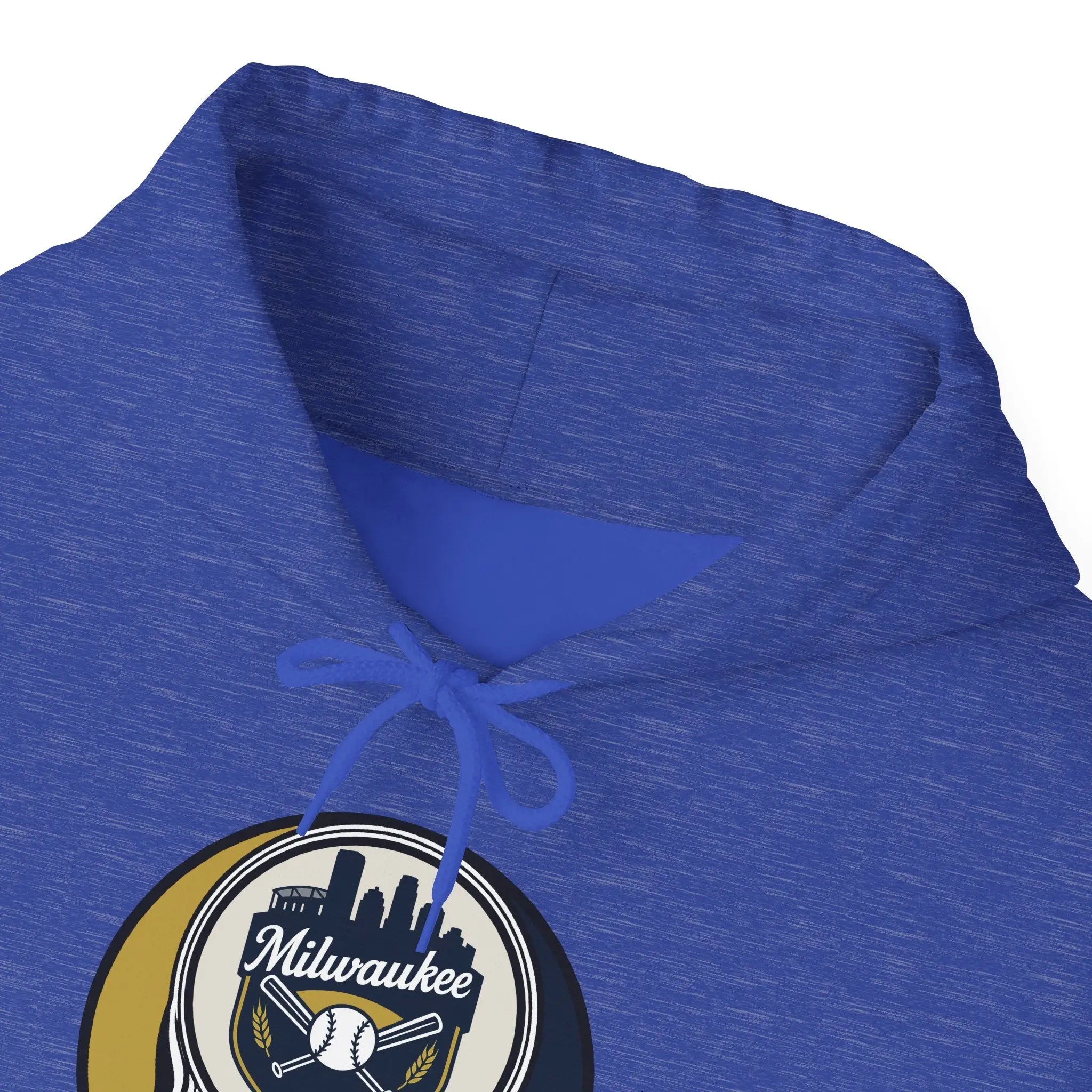 Royal blue hoodie close-up of drawstring hood and Milwaukee logo patch