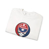White crewneck sweatshirt, angled view, with Stealie skull logo graphic
