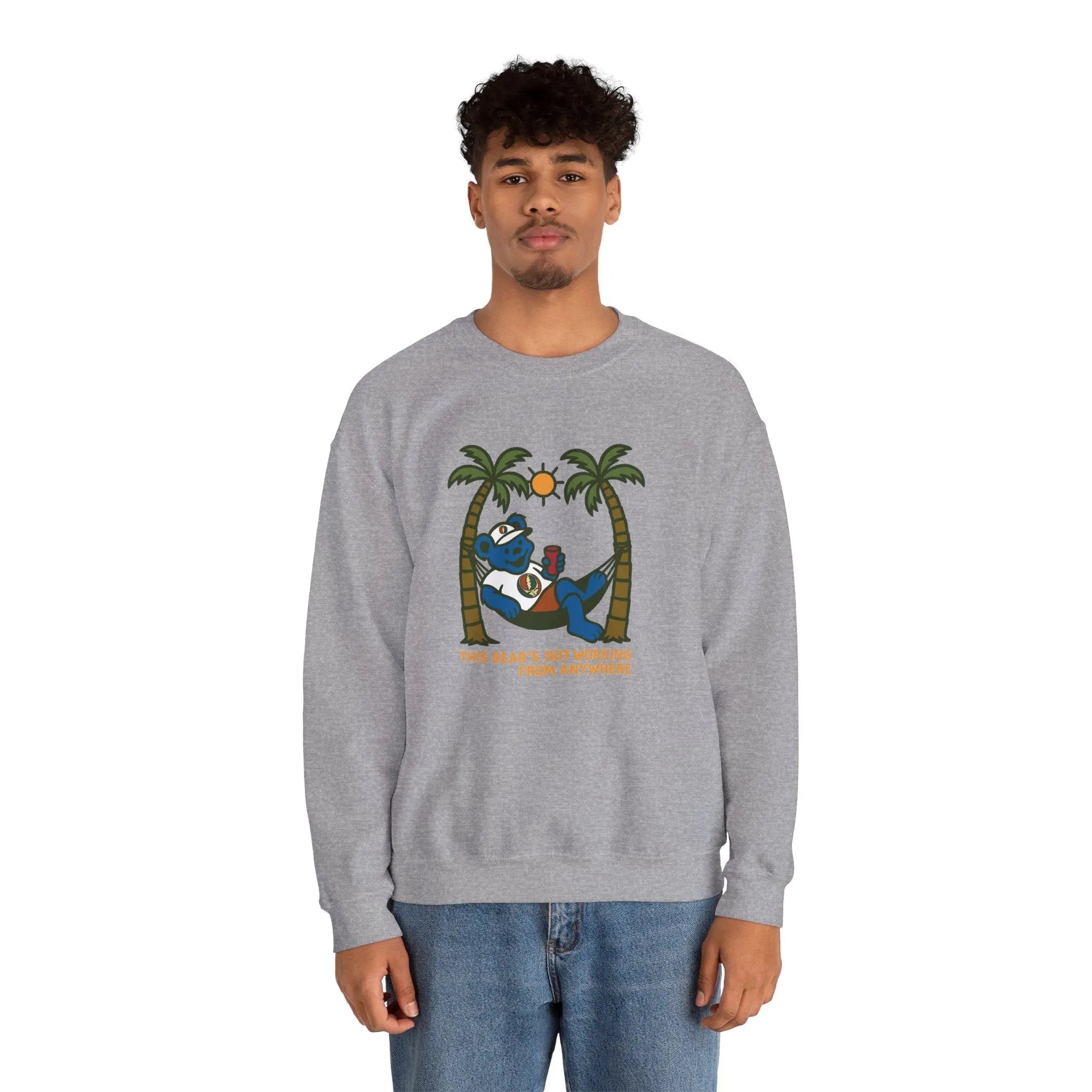 Sport gray crewneck sweatshirt, front bear graphic with palm trees