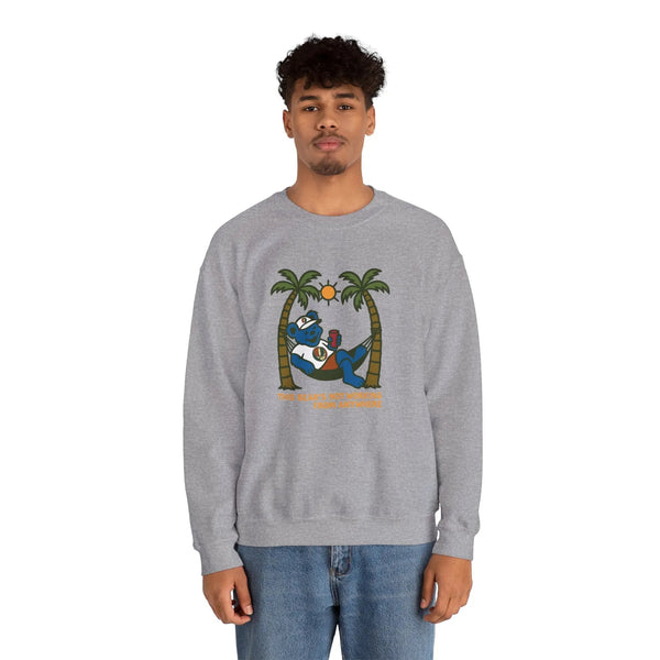 Sport gray crewneck sweatshirt, front bear graphic with palm trees
