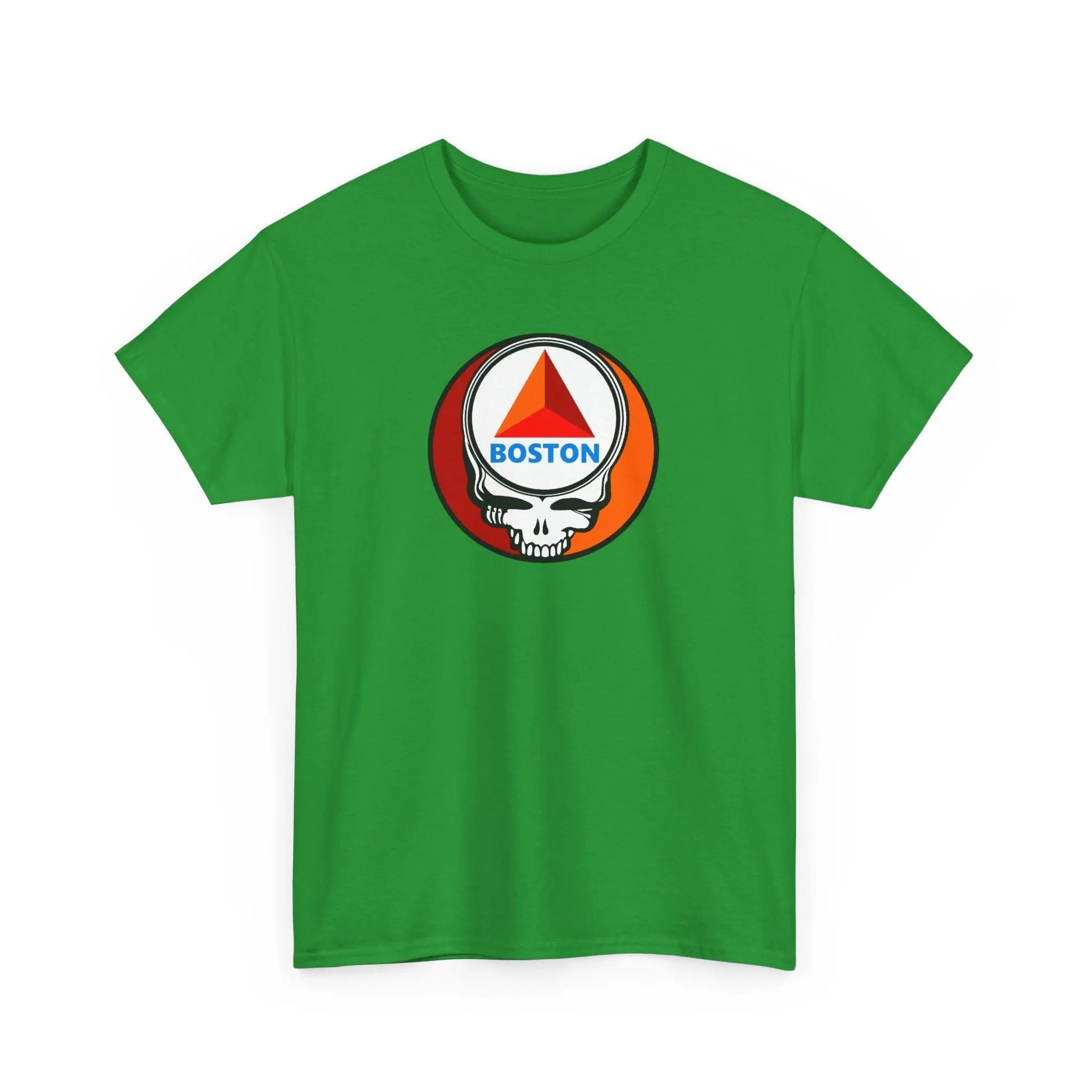 Irish green T-shirt with circular Boston skull graphic at chest