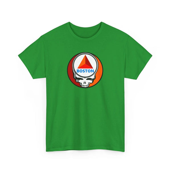 Irish green T-shirt with circular Boston skull graphic at chest
