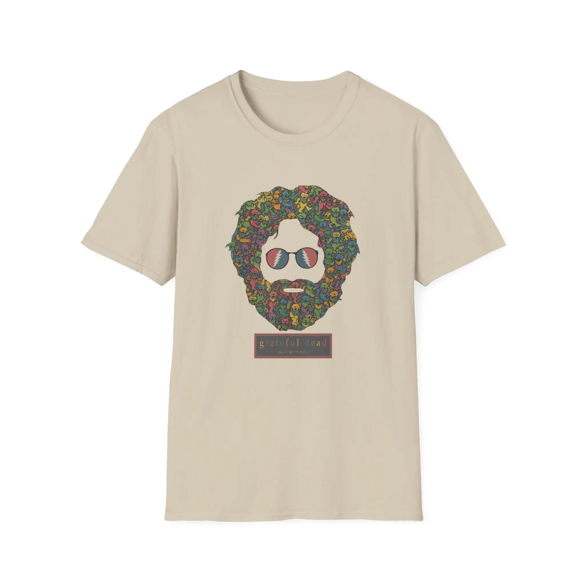 Beige T-shirt with colorful dancing bears face graphic on the chest.