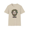 Beige T-shirt with colorful dancing bears face graphic on the chest.
