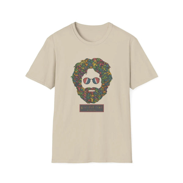 Beige T-shirt with colorful dancing bears face graphic on the chest.
