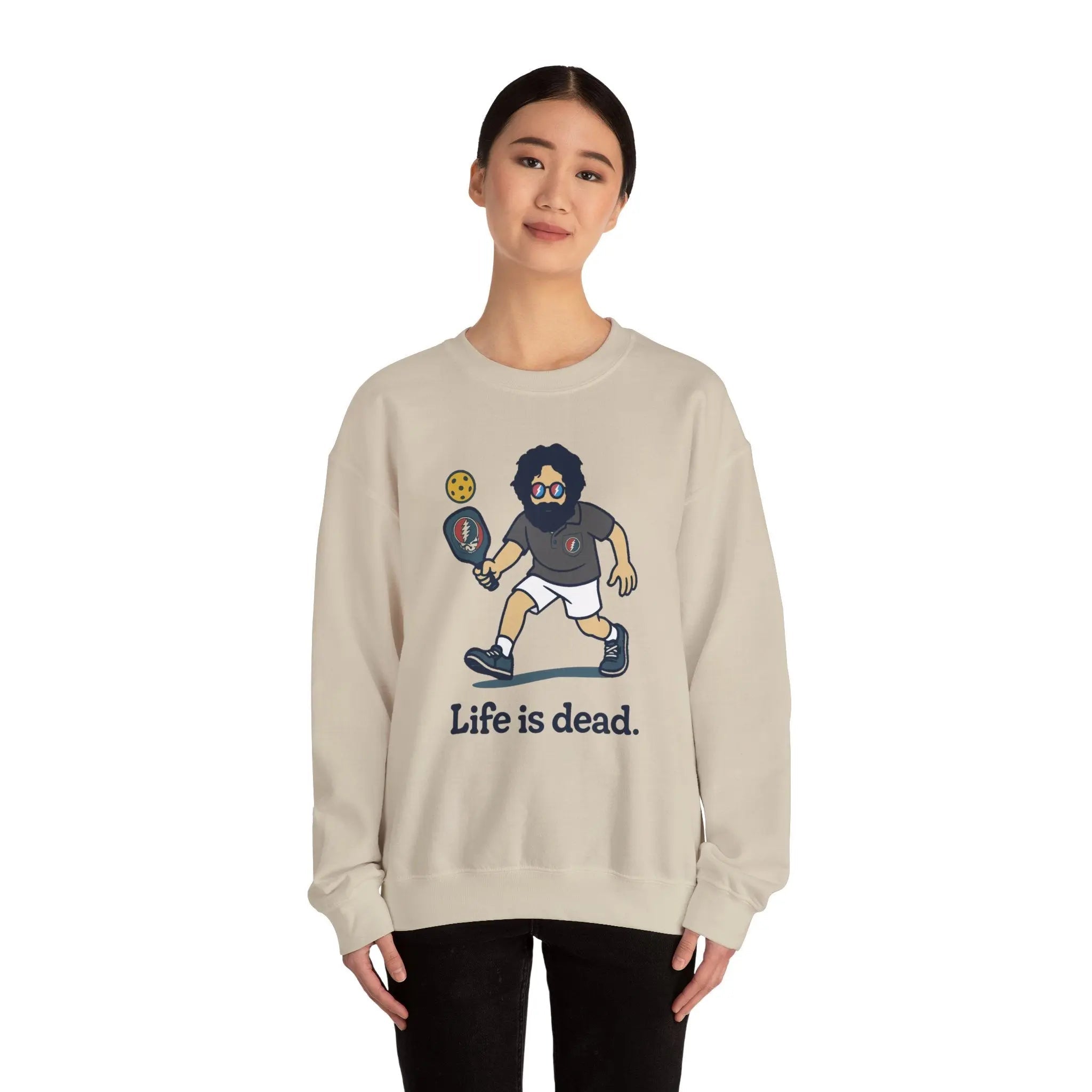 Sand crewneck sweatshirt with front character illustration and “Life is dead.”