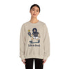 Sand crewneck sweatshirt with front character illustration and “Life is dead.”