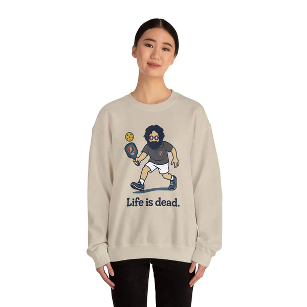 Sand crewneck sweatshirt with front character illustration and “Life is dead.”