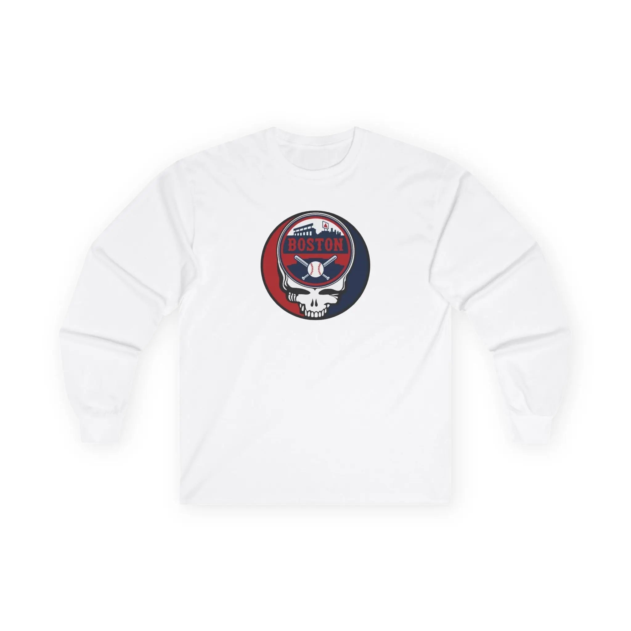 White long-sleeve T-shirt with centered circular Boston logo graphic