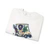 White crewneck sweatshirt with front graphic print, folded, long sleeves