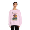 Light pink crewneck sweatshirt with front ski graphic and ribbed cuffs