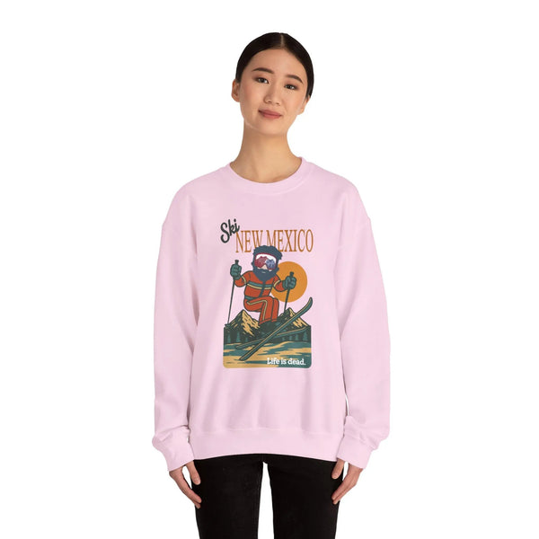 Light pink crewneck sweatshirt with front ski graphic and ribbed cuffs