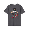 Two-sided print T-shirt in dark charcoal gray with skateboard character graphic on front