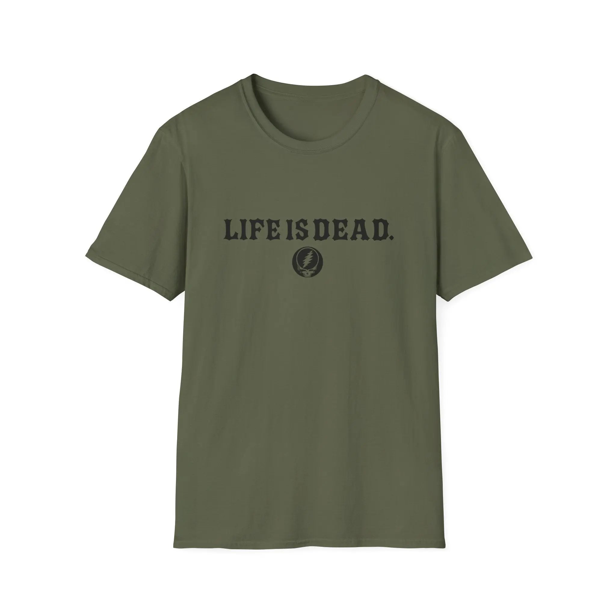 Military green crewneck t-shirt with LIFEISDEAD text and small circular emblem print