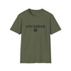 Military green crewneck t-shirt with LIFEISDEAD text and small circular emblem print