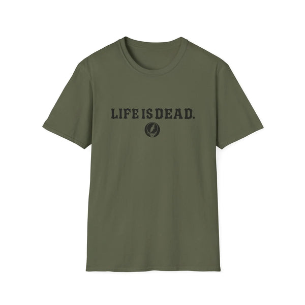 Military green crewneck t-shirt with LIFEISDEAD text and small circular emblem print