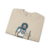 Light sand sweatshirt folded flat, front cartoon hiker graphic