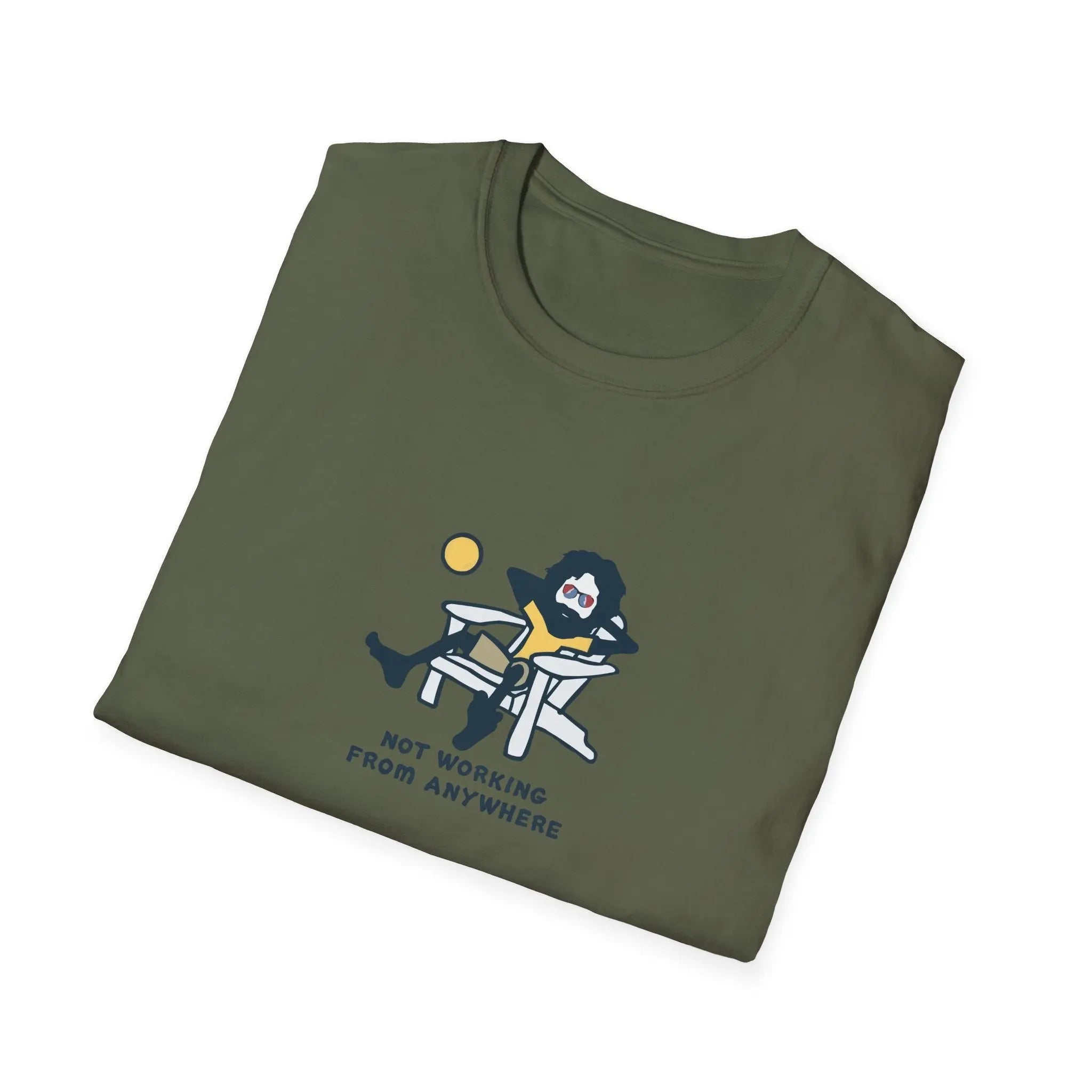 Olive green graphic T-shirt with cartoon character and 'NOT WORKING FROM ANYWHERE' text