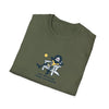 Olive green graphic T-shirt with cartoon character and 'NOT WORKING FROM ANYWHERE' text