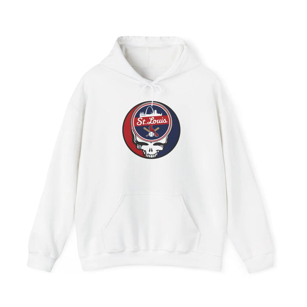 White pullover hoodie with front pocket and drawstring, St. Louis Cardinals logo patch
