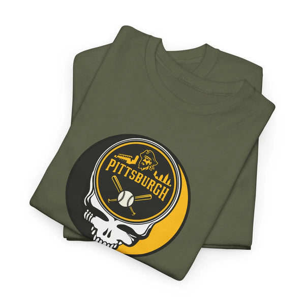 Military green T-shirt with Pittsburgh logo skull baseball graphic