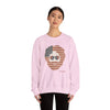 Light pink crewneck sweatshirt with American flag face graphic and sunglasses