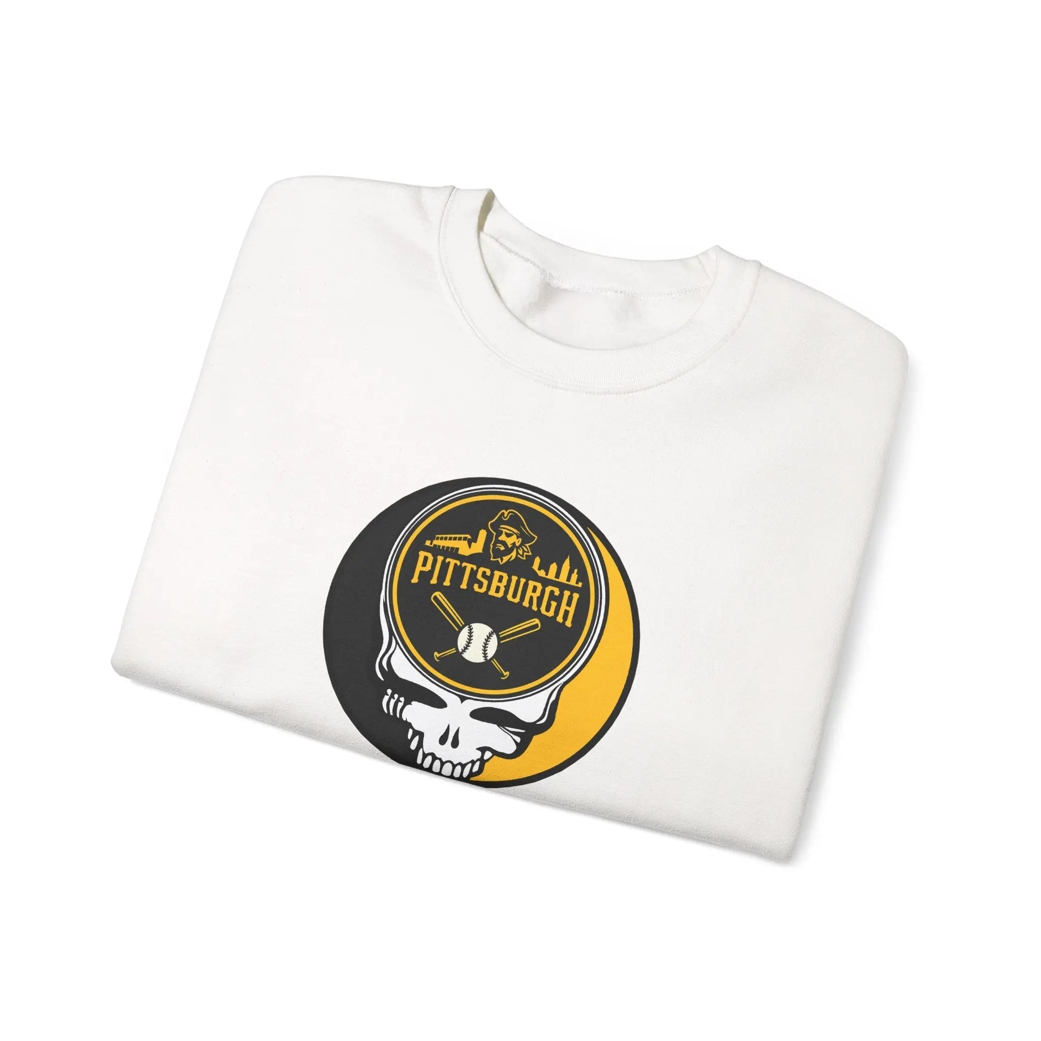 White crewneck sweatshirt with circular Pittsburgh logo and skull graphic, angled view