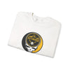 White crewneck sweatshirt with circular Pittsburgh logo and skull graphic, angled view