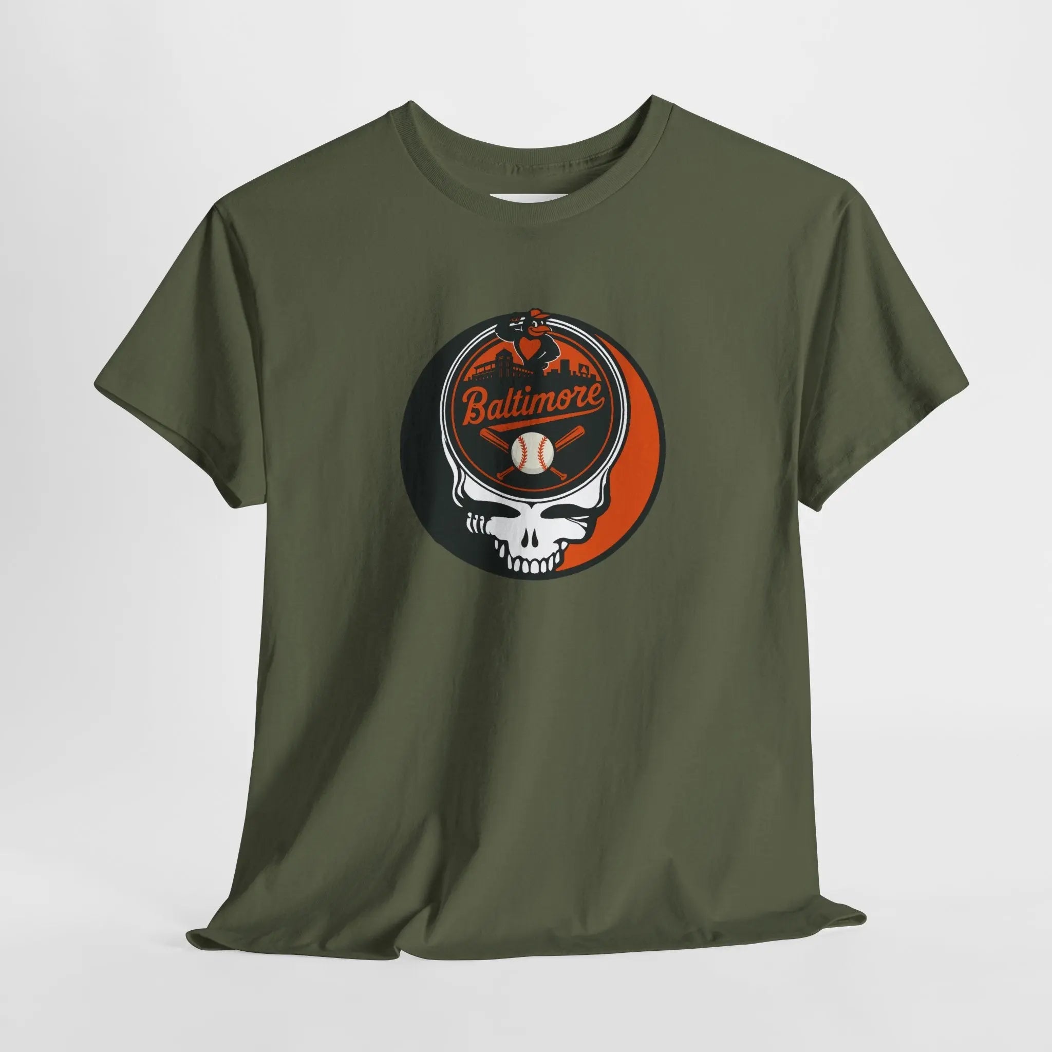 Olive green graphic T-shirt with round Stealie skull Baltimore Orioles logo