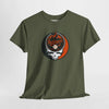 Olive green graphic T-shirt with round Stealie skull Baltimore Orioles logo