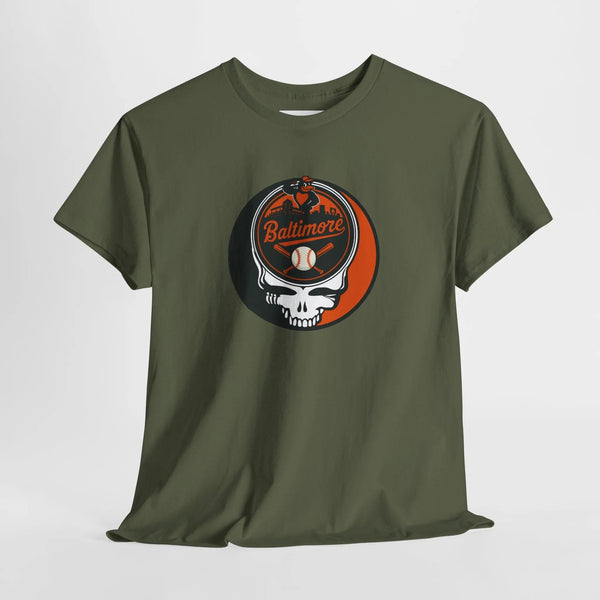 Olive green graphic T-shirt with round Stealie skull Baltimore Orioles logo