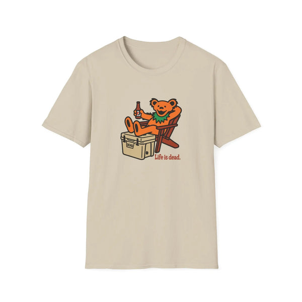 Beige T-shirt with cartoon bear graphic and "Life is dead." text on chest