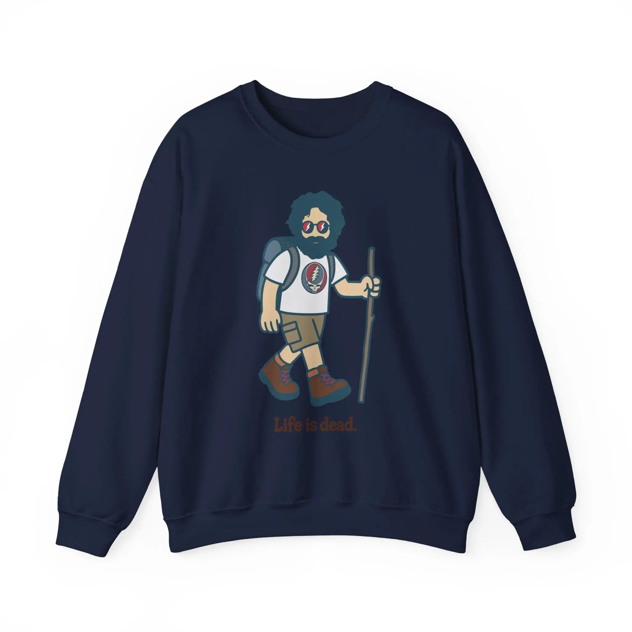 Navy long-sleeve crewneck sweatshirt with centered cartoon hiker graphic