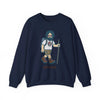 Navy long-sleeve crewneck sweatshirt with centered cartoon hiker graphic