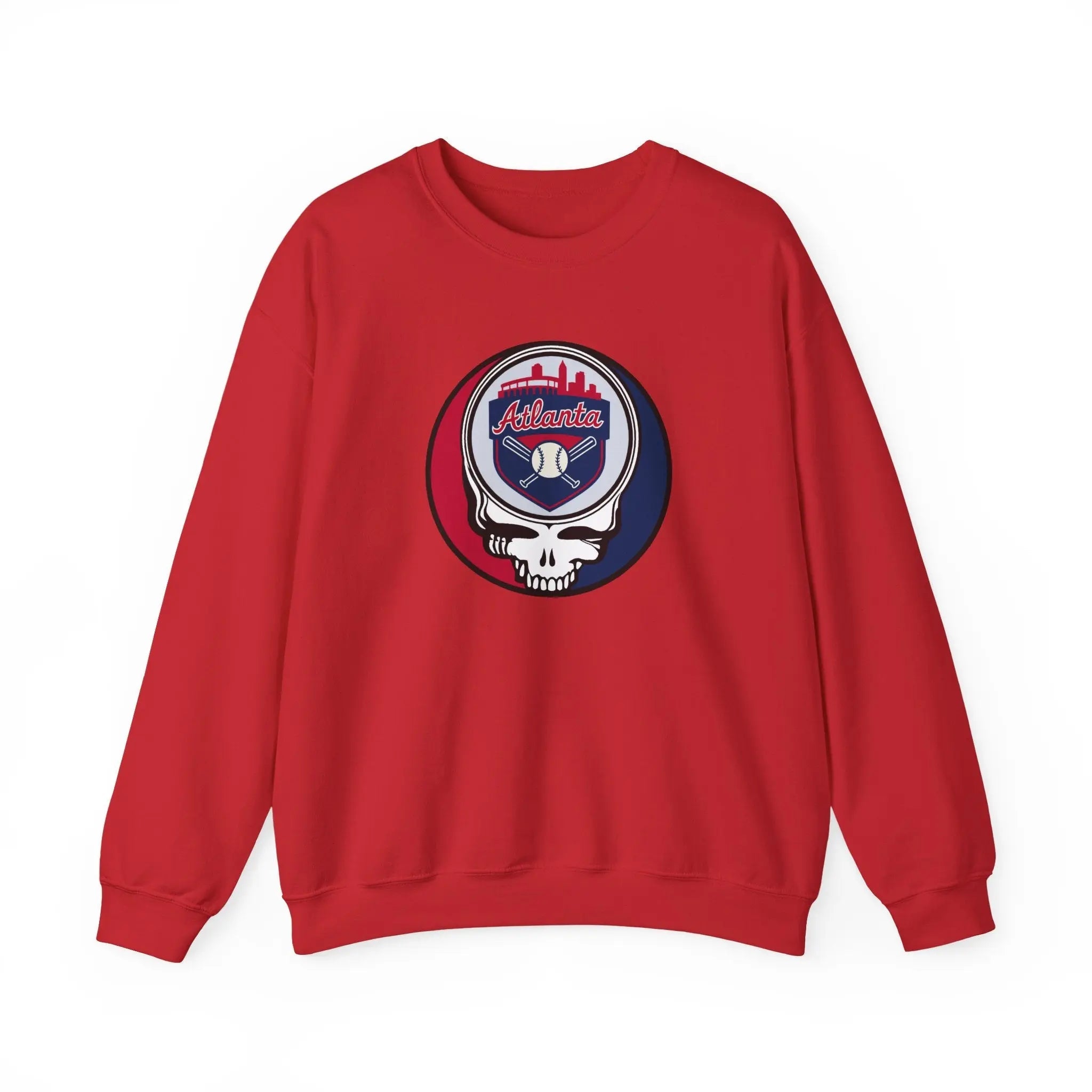 Red crewneck sweatshirt with small circular Atlanta logo skull graphic