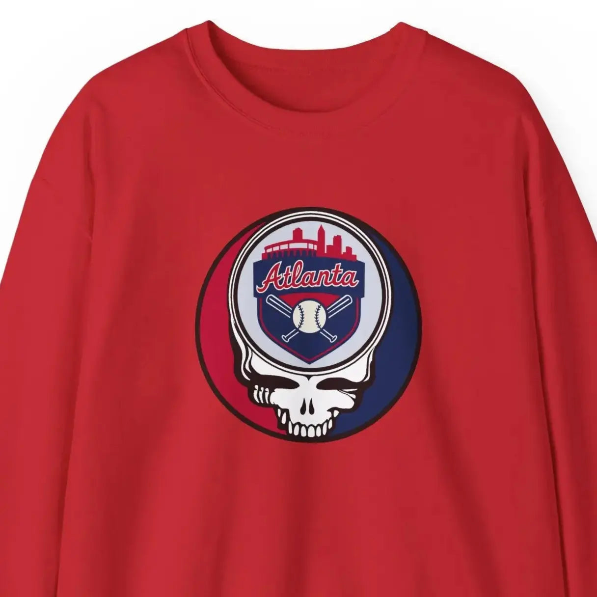 Red crewneck sweatshirt with circular Atlanta logo skull graphic