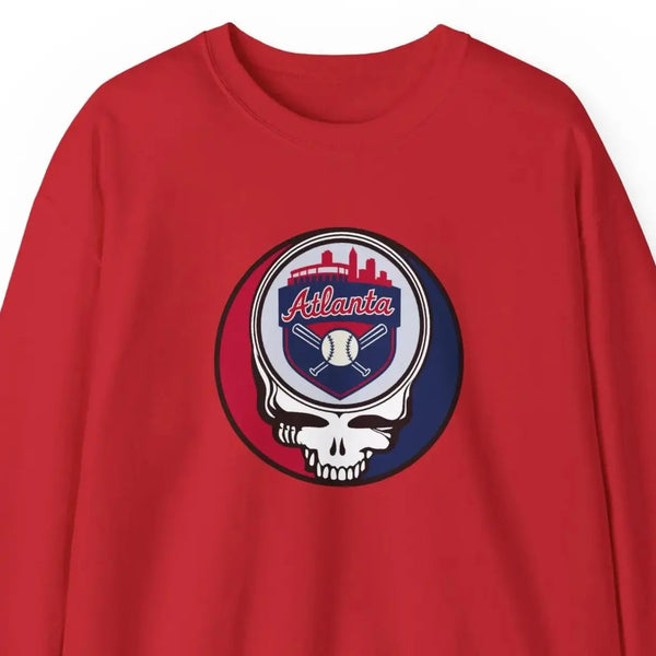 Red crewneck sweatshirt with circular Atlanta logo skull graphic