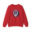 Red crewneck sweatshirt with small circular Atlanta logo skull graphic