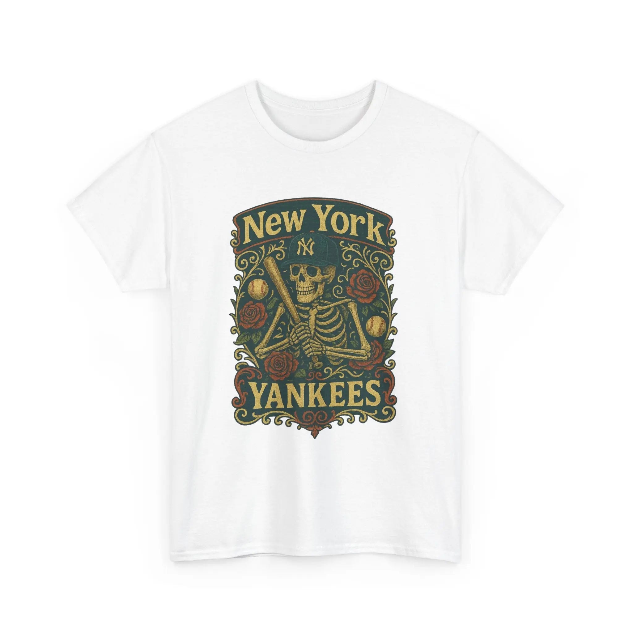 White crewneck T-shirt with large green-and-gold New York Yankees emblem graphic