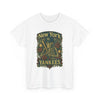 White crewneck T-shirt with large green-and-gold New York Yankees emblem graphic