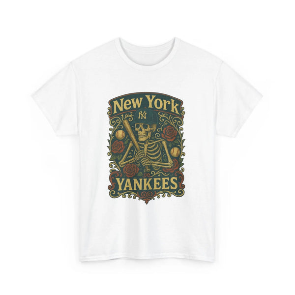 White crewneck T-shirt with large green-and-gold New York Yankees emblem graphic