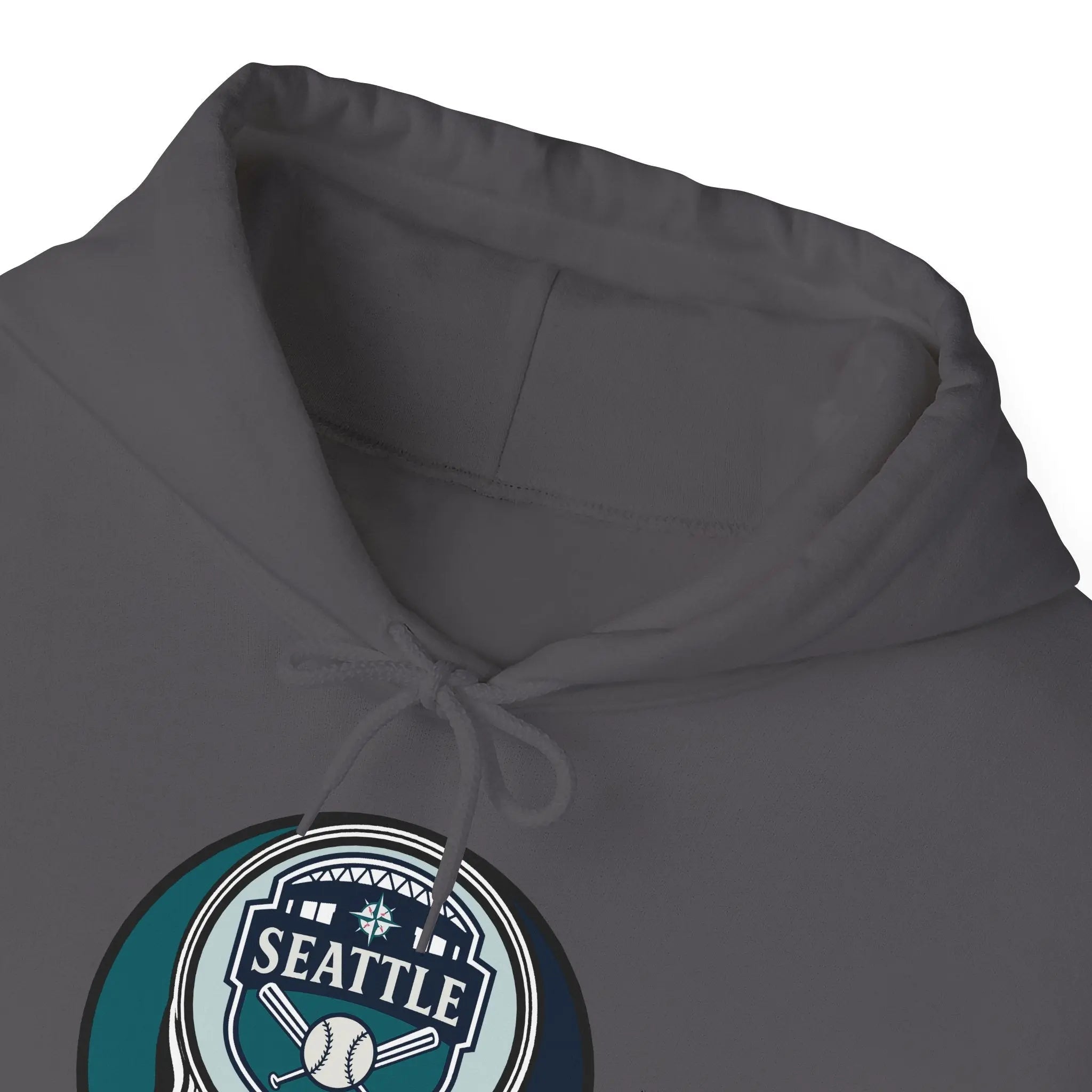 Dark gray Mariners hoodie close-up of hood and front Seattle logo graphic