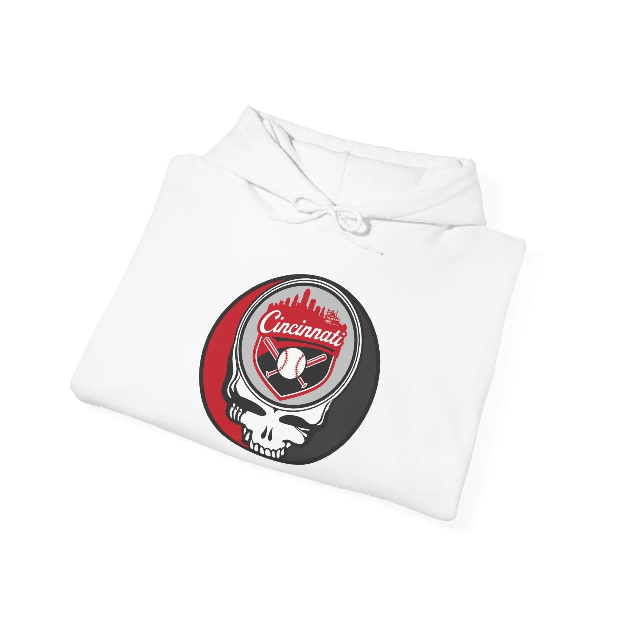 White Cincinnati Reds Stealie hoodie, folded, with front skull basketball logo