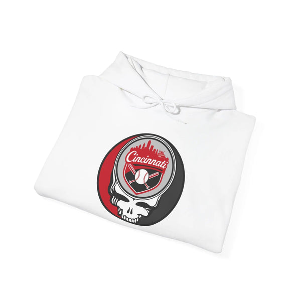 White Cincinnati Reds Stealie hoodie, folded, with front skull basketball logo