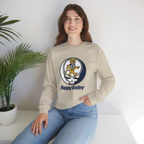 Sand crewneck sweatshirt with circular dancing lion logo chest graphic