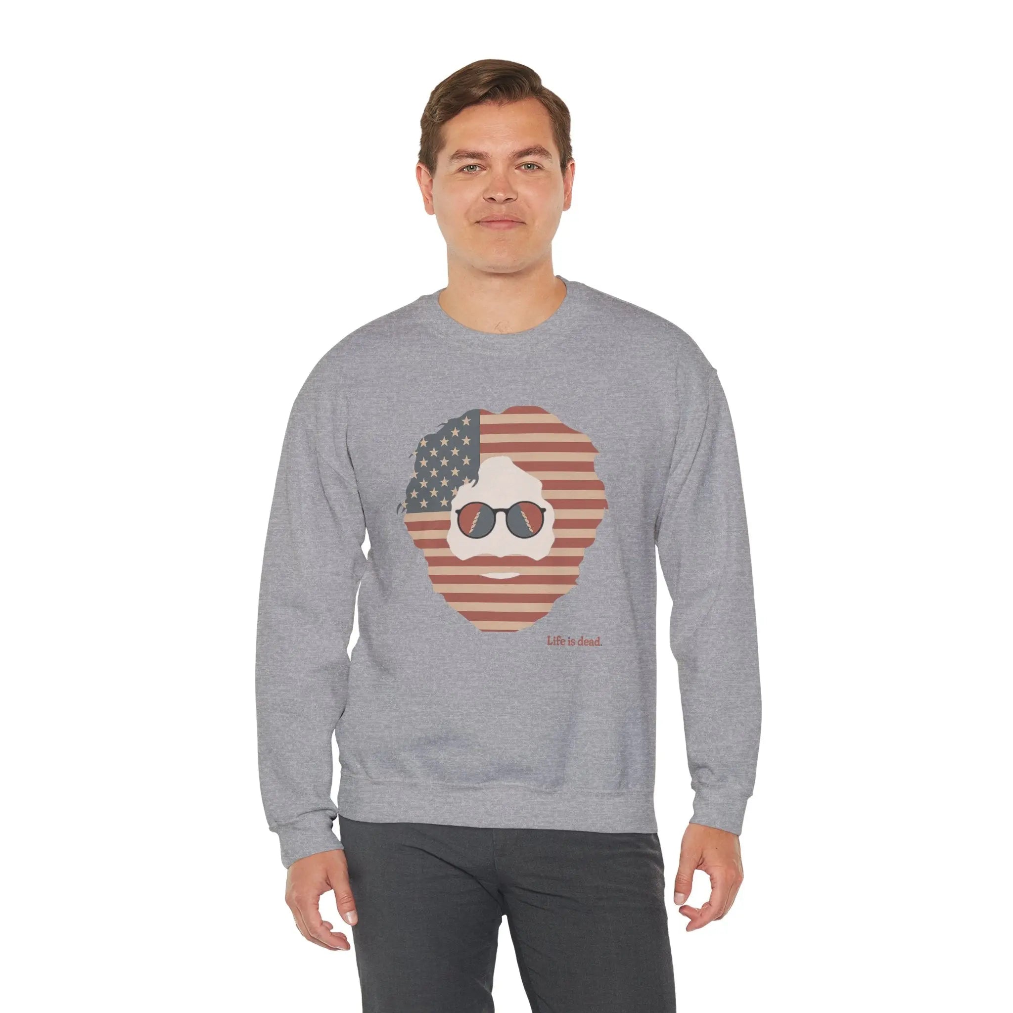 Sport gray crewneck sweatshirt with American flag face graphic and sunglasses