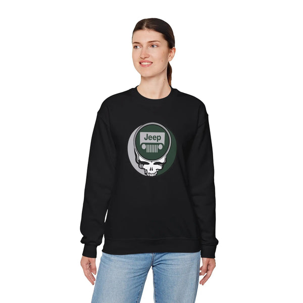 Black crewneck sweatshirt with Jeep logo front graphic