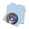 Light blue T-shirt with circular New York Mets logo skull graphic on chest