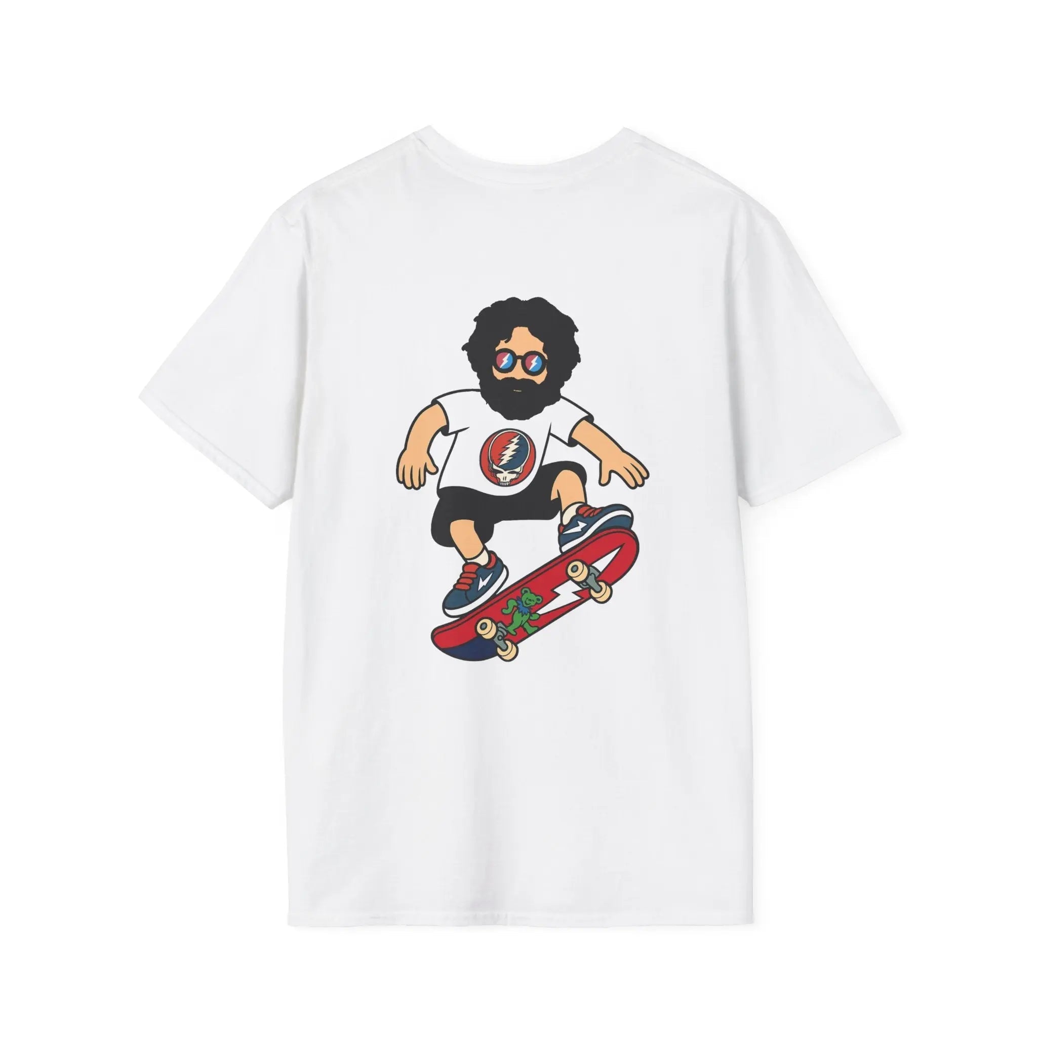 Two-sided print T-shirt in white with skateboard character graphic on front